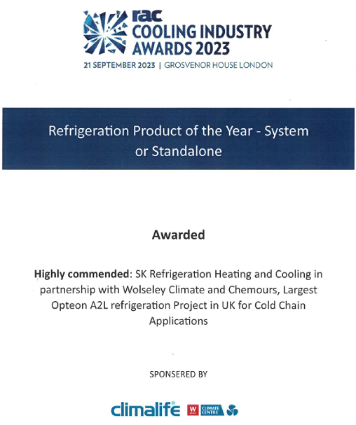 Refrigeration cold storage RAC cooling industry awards 2023 - highly commended for refrigeration product of the year - system or standalone